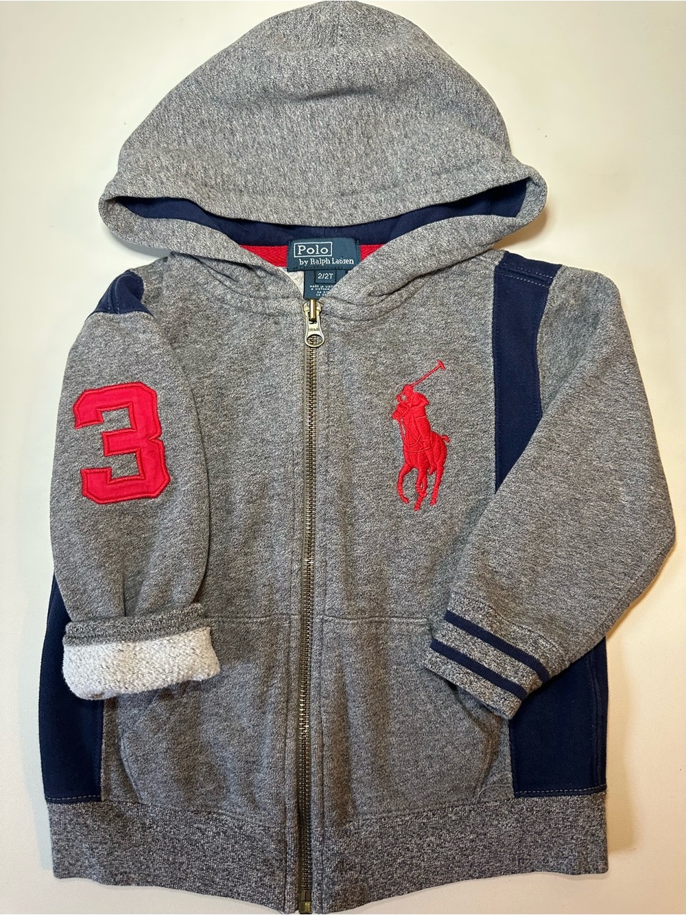 Polo Ralph Lauren Toddler Boys Big Pony number 3 Fleece Hoodie Gray Navy 2T - Picture 7 of 7